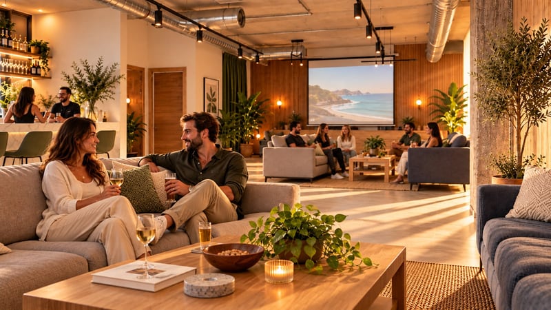 Personas conversando en una zona lounge con sofás y pantalla de proyección (imagen ilustrativa)